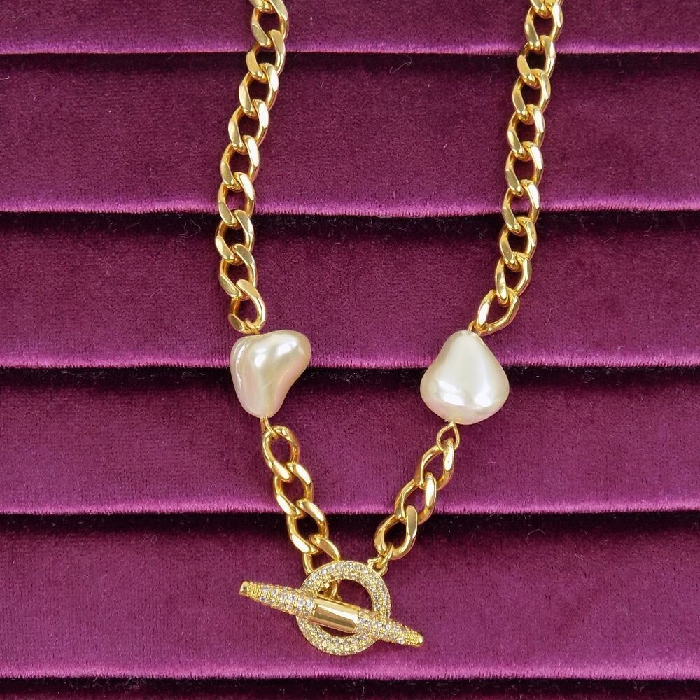 freshwater pearl beaded choker paperclip curb link toggle charm pave cz diamonds